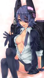 Rule 34 | 10s, 1girl, black thighhighs, blue hair, blush, breasts, brown eyes, cleavage, crossed legs, efyuru, eyepatch, gloves, headgear, jacket, kantai collection, large breasts, looking at viewer, necktie, no bra, open clothes, open jacket, open mouth, open shirt, personification, shirt, short hair, sitting, skirt, smile, solo, tenryuu (kancolle), thighhighs