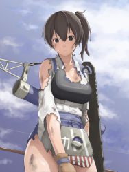 Rule 34 | 10s, 1girl, bad id, bad nicoseiga id, black eyes, black hair, blue skirt, bow (weapon), breasts, cleavage, closed mouth, cowboy shot, day, expressionless, flight deck, gloves, hair between eyes, hakama, hakama short skirt, hakama skirt, highres, holding, holding bow (weapon), holding weapon, japanese clothes, kaga (kancolle), kantai collection, large breasts, looking at viewer, muneate, partially fingerless gloves, partly fingerless gloves, side ponytail, siesta (artist), skirt, solo, tasuki, torn clothes, torn skirt, weapon, wide sleeves, yugake