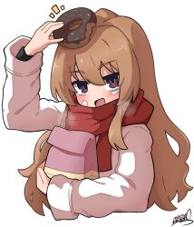 Rule 34 | 1girl, aisaka taiga, bag, bandaid, bandaid on face, blush, brown coat, brown eyes, carrying bag, coat, commentary, cropped torso, dot nose, doughnut, food, food on head, hair between eyes, highres, koonowen, light brown hair, long hair, long sleeves, looking at viewer, notice lines, object on head, open mouth, paper bag, red scarf, scarf, sidelocks, signature, simple background, smile, solo, straight hair, toradora!, upper body, white background