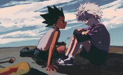 Rule 34 | 2boys, bare arms, black hair, black shirt, blue eyes, cloud, commentary request, crossed arms, flower, full body, gon freecss, highres, holding, holding flower, hunter x hunter, killua zoldyck, layered sleeves, long sleeves, looking at another, male focus, multiple boys, open mouth, outdoors, shenshan laolin, shirt, short hair, short over long sleeves, short sleeves, shorts, sitting, skateboard, sleeveless, smile, tank top, white flower, white hair, white shirt, white tank top, yaoi