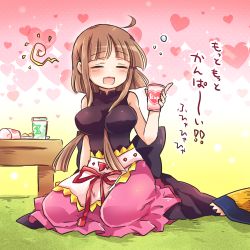 Rule 34 | 1up, 2girls, :d, ahoge, alcohol, apron, bare arms, between breasts, blunt bangs, blush, breasts, brown hair, closed eyes, commentary request, cup, drunk, full body, gradient background, hair between breasts, heart, holding, holding cup, impossible clothes, large breasts, long skirt, matara okina, multiple girls, nishida satono, open mouth, pink background, pink skirt, pote (ptkan), seiza, short hair with long locks, sitting, skirt, smile, solo focus, squeans, table, taut clothes, touhou, translation request, white background, yellow background