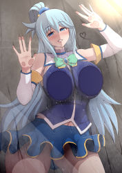 Rule 34 | 1girl, against glass, aqua (konosuba), bare shoulders, blue eyes, blue footwear, blue hair, blue skirt, blue vest, blush, bow, bowtie, breast press, breasts, clothes lift, commentary request, detached sleeves, from below, green bow, green bowtie, grin, hair between eyes, hand up, highres, kono subarashii sekai ni shukufuku wo!, large breasts, long hair, long sleeves, looking at viewer, looking down, navel, ponponmaru, skirt, skirt lift, smile, solo, standing, steam, sweat, thick thighs, thighs, very long hair, vest, wide hips