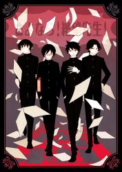 Rule 34 | 4boys, aoyama (szs), arm at side, arm behind back, black border, black footwear, black hair, black theme, blurry, blurry background, book, border, buttons, closed mouth, commentary request, emphasis lines, expressionless, fingernails, flying paper, full body, gakuran, glasses, gradient background, grey background, grin, haga (szs), half-closed eyes, hand in pocket, hand on own arm, hand on own chest, hand on own hip, hands in pockets, high collar, highres, holding, holding book, japanese clothes, kino kuniya, kudou jun, looking afar, looking at viewer, male focus, multiple boys, okumura, open mouth, ornate border, paper, parted bangs, red-framed eyewear, red background, red eyes, red theme, sayonara zetsubou sensei, school uniform, see-through, semi-rimless eyewear, side-by-side, smile, spiked hair, teeth, too many, too many papers, translation request, uniform, upper teeth only, v-shaped eyebrows, walking