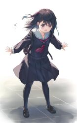 Rule 34 | 1girl, :o, backpack, bag, beads, black bag, black footwear, black hair, black pantyhose, black serafuku, black skirt, blush, collarbone, commentary, full body, hair beads, hair ornament, hair tie, highres, loafers, long sleeves, looking down, medium hair, na-ga, neckerchief, one side up, open mouth, original, outstretched arms, pantyhose, pleated skirt, purple eyes, red neckerchief, sailor collar, school uniform, serafuku, shoes, skirt, solo, spread arms, standing, tile floor, tiles, translation request, white background, white sailor collar