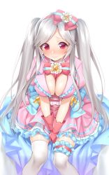 Rule 34 | 1girl, anna (sennen sensou aigis), between legs, blush, bow, bowtie, breasts, bridal garter, cleavage, dress, feet out of frame, frilled dress, frills, gloves, hair bow, hand between legs, hattori masaki, large breasts, long hair, looking at viewer, nose blush, own hands together, parted bangs, pink background, pink dress, puffy short sleeves, puffy sleeves, raised eyebrows, red bow, red bowtie, red eyes, red gloves, sennen sensou aigis, shiny skin, short sleeves, simple background, sitting, solo, star (symbol), sweat, tareme, thighhighs, twintails, v arms, very long hair, white background, white thighhighs, zettai ryouiki