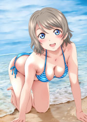 Rule 34 | 10s, 1girl, all fours, beach, bikini, blue eyes, blush, breasts, brown hair, cleavage, collarbone, day, dutch angle, highres, keisuke (0320030103200301), looking at viewer, love live!, love live! school idol festival, love live! sunshine!!, medium breasts, ocean, open mouth, outdoors, sand, short hair, solo, string bikini, striped bikini, striped clothes, swimsuit, teeth, thighs, watanabe you, water, wet