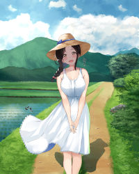 Rule 34 | 1girl, bare arms, bare shoulders, black hair, blush, braid, breasts, cleavage, cloud, day, dress, feet out of frame, female focus, grass, hat, head tilt, highres, irohakaede, large breasts, legs, legs together, long hair, looking at viewer, mole, mole under mouth, mountain, open mouth, original, outdoors, own hands together, shadow, single braid, sky, solo, sound effects, standing, straw hat, thighs, tree, water, white dress, wind, yellow eyes