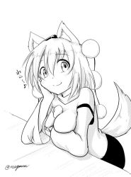 Rule 34 | 1girl, animal ears, breast press, breasts, detached sleeves, female focus, greyscale, hat, inubashiri momiji, large breasts, looking at viewer, monochrome, musical note, pom pom (clothes), quaver, short hair, signature, simple background, smile, solo, tail, taurine 8000mg, tokin hat, touhou, translation request, white background, wide sleeves, wolf ears, wolf tail