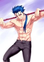 Rule 34 | 1boy, black theme, blue hair, cu chulainn (fate), cu chulainn (fate/stay night), earrings, fate/stay night, fate (series), jewelry, long hair, looking at viewer, male focus, naughty face, pants, polearm, ponytail, red eyes, shiny skin, smile, solo, spear, topless male, weapon, zen
