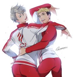 Rule 34 | 10s, 2boys, arm up, artist name, blonde hair, blue eyes, christophe giacometti, facial hair, gearous, green eyes, hand on another&#039;s hip, hand on own hip, looking back, male focus, multiple boys, open mouth, silver hair, smile, track suit, viktor nikiforov, yuri!!! on ice