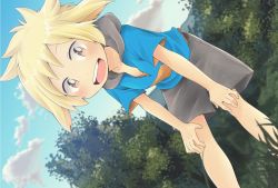 Rule 34 | 1boy, :d, blonde hair, blue shirt, brown eyes, cloud, day, dutch angle, grass, grey shorts, hood, leaning forward, looking at viewer, male focus, open mouth, original, outdoors, pocchipocchi, round teeth, shirt, shorts, smile, solo, teeth, tree