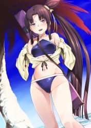 Rule 34 | 1girl, beach, bikini, black hair, blue bikini, blue sky, breasts, carrying, day, dutch angle, fate/grand order, fate (series), fingerless gloves, gloves, gluteal fold, groin, hair ornament, half-closed eyes, inu (aerodog), legs, long hair, looking at viewer, medium breasts, navel, off shoulder, open clothes, open mouth, open shirt, opened by self, outdoors, parted bangs, shirt, side ponytail, skindentation, sky, smile, solo, swimsuit, twitter username, ushiwakamaru (fate), ushiwakamaru (fate/grand order), ushiwakamaru (swimsuit assassin) (fate), ushiwakamaru (swimsuit assassin) (first ascension) (fate), very long hair, weapon, weapon on back, yellow shirt