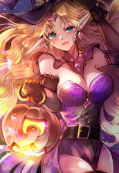 Rule 34 | 1girl, any813, blonde hair, blue eyes, breasts, cleavage, dress, earrings, esper (saga 2), gloves, halloween, halloween costume, hat, highres, jack-o&#039;-lantern, jewelry, large breasts, long hair, looking at viewer, medium breasts, open mouth, pointy ears, pumpkin, saga, saga 2, smile, solo, thighhighs, witch hat