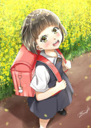 Rule 34 | 1girl, backpack, bag, black footwear, blue dress, blunt bangs, blurry, blurry foreground, blush, brown eyes, brown hair, charm (object), child, commentary request, dress, field, flower, flower field, foot out of frame, from above, hair ornament, hairclip, head tilt, highres, looking at viewer, looking up, open mouth, original, pinafore dress, randoseru, rapeseed blossoms, road, shadow, shirt, short hair, short sleeves, signature, sleeveless dress, smile, solo, soragane (banisinngurei), standing, teeth, upper teeth only, white shirt