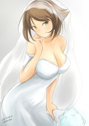 Rule 34 | 10s, 1girl, alternate costume, blush, breasts, bridal veil, brown hair, cleavage, dated, dress, flipped hair, flower, green eyes, hand on own chin, hazuki futahi, holding, holding flower, kantai collection, large breasts, looking at viewer, mutsu (kancolle), short hair, smile, solo, twitter username, veil, wedding dress