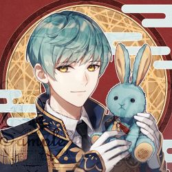 Rule 34 | 1boy, aluce, artist name, closed mouth, coat, egasumi, formal, gloves, green eyes, happy, holding, holding toy, ichigo hitofuri, looking at viewer, male focus, necktie, pale skin, rabbit, short hair, signature, simple background, smile, solo, standing, stuffed toy, touken ranbu, toy, watermark, white gloves, yellow eyes