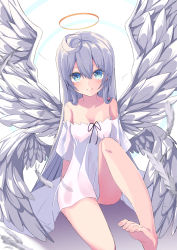 Rule 34 | 1girl, absurdres, ahoge, angel, angel wings, bare legs, bare shoulders, barefoot, blue eyes, blush, closed mouth, dress, feathered wings, feathers, feet, foot out of frame, fumi (fumibeing), grey hair, hair between eyes, halo, highres, long hair, looking at viewer, off-shoulder dress, off shoulder, original, short dress, sitting, smile, soles, solo, toes, white dress, white feathers, white wings, wings