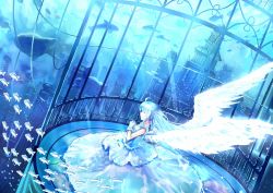 Rule 34 | 1girl, ahoge, angel wings, animal, aqua hair, blue dress, blue theme, blurry, building, city, depth of field, dress, dutch angle, closed eyes, fish, from above, full body, gloves, light rays, long hair, original, own hands together, parted lips, railing, scenery, shinkai shoujo (vocaloid), solo, standing, sunlight, tangjinhang, underwater, underwater city, vocaloid, white dress, white gloves, white wings, wide shot, wings