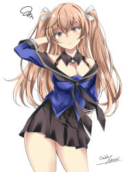 Rule 34 | 1girl, bare legs, black skirt, blue shirt, blush, breasts, brown eyes, cleavage, dated, gakky, hair ornament, highres, johnston (kancolle), kantai collection, light brown hair, long hair, looking at viewer, medium breasts, off shoulder, pleated skirt, sailor collar, school uniform, serafuku, shirt, signature, skirt, solo, two side up