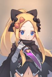 Rule 34 | 1girl, abigail williams (fate), black bow, blonde hair, blue eyes, blush, bow, breasts, cloak, closed mouth, cosplay, dagger, fate/apocrypha, fate/grand order, fate (series), forehead, highres, holding, holding dagger, holding knife, holding weapon, jack the ripper (fate/apocrypha), jack the ripper (fate/apocrypha) (cosplay), knife, long hair, looking at viewer, miya (miyaruta), multiple bows, orange bow, parted bangs, ponytail, sidelocks, small breasts, smile, weapon