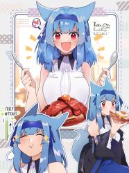 Rule 34 | 1girl, animal ears, bare arms, bare shoulders, black jacket, blue hair, blue hairband, blue skirt, blush, breasts, closed eyes, commentary, dog ears, dog tail, eating, egg, food, fork, hairband, highres, holding, holding fork, holding spoon, jacket, long hair, looking at viewer, meat, multiple views, open mouth, original, red eyes, rene (rirene), rirene rn, shirt, skirt, sleeveless, sleeveless shirt, smile, spoon, tail, white shirt