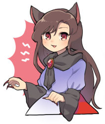 Rule 34 | 1girl, :3, :d, animal ears, blush, brown hair, commentary request, fingernails, gem, imaizumi kagerou, long hair, long sleeves, nail polish, open mouth, partial commentary, puffy long sleeves, puffy sleeves, red eyes, red nails, sasa kichi, sharp fingernails, smile, solo, touhou, upper body, wolf ears