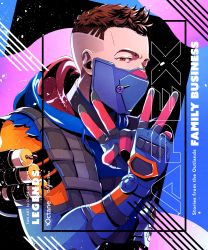 Rule 34 | 1boy, alt text, animification, apex legends, artist name, blue gloves, blue hoodie, brown eyes, brown hair, cable, character name, copyright name, dame (dame ice), double v, from side, gloves, heist fashion octane, highres, hood, hoodie, looking at viewer, male focus, mask, mouth mask, octane (apex legends), official alternate costume, solo, undercut, upper body, v