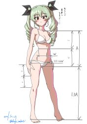 Rule 34 | 1girl, absurdres, anchovy (girls und panzer), artist name, barefoot, bikini, black ribbon, blush, breasts, brown eyes, closed mouth, commentary request, dated, drill hair, drops mint, full body, girls und panzer, green hair, hair ribbon, highres, light frown, long hair, looking at viewer, medium breasts, navel, partial commentary, ribbon, signature, solo, standing, swimsuit, translated, twin drills, twintails, white background, white bikini