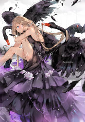 Rule 34 | 1girl, artist name, bare legs, bare shoulders, bird, blonde hair, blue eyes, dema hmw, dress, earrings, eyelashes, girls&#039; frontline, high heels, highres, jewelry, long hair, looking at viewer, nail polish, parted lips, signature, sitting, suomi (girls&#039; frontline), swan, water