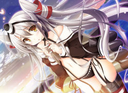 Rule 34 | 10s, 1girl, amatsukaze (kancolle), black panties, blush, dutch angle, kantai collection, kasutera (suzakudou), long hair, looking at viewer, navel, ocean, panties, silver hair, solo, striped clothes, striped thighhighs, thighhighs, two side up, underwear, very long hair, yellow eyes