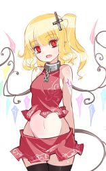 Rule 34 | 1girl, adapted costume, arms behind back, black thighhighs, blonde hair, chain, collar, cowboy shot, cross, cross hair ornament, fang, flandre scarlet, groin, hair ornament, highres, looking at viewer, midriff, navel, pointy ears, raptor7, red eyes, red skirt, side ponytail, simple background, sketch, skirt, sleeveless, solo, tattoo, thighhighs, touhou, white background, wings