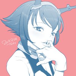 Rule 34 | 1girl, blue theme, bright pupils, dated, finger in own mouth, gloves, hairband, hand up, highres, kantai collection, looking at viewer, monochrome, mutsu (kancolle), parted lips, pink background, short hair, signature, simple background, smile, solo, tocky, white pupils