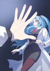Rule 34 | 1boy, 1girl, angela (project moon), ayin (project moon), black skirt, blue hair, coat, collared shirt, fingernails, gredell elle, highres, lab coat, lobotomy corporation, long hair, long sleeves, necktie, one side up, pencil skirt, pov, pov hands, project moon, pushing, red necktie, shirt, skirt, very long hair, white coat, white shirt, yellow eyes