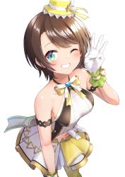 Rule 34 | 1girl, ;d, aqua eyes, armlet, bare arms, bare shoulders, belt, black thighhighs, blush, bow, bow skirt, brown hair, clothing cutout, faubynet, forehead, gloves, grin, halterneck, hand on own thigh, hat, highres, hololive, hololive idol uniform, idol, idol clothes, layered skirt, leaning forward, mini hat, miniskirt, navel, navel cutout, official alternate costume, one eye closed, oozora subaru, open mouth, shirt, short hair, simple background, skirt, skirt set, sleeveless, smile, solo, swept bangs, thighhighs, virtual youtuber, white background, white bow, white gloves, white skirt, wrist cuffs, yellow hat, yellow shirt, yellow thighhighs