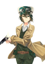 Rule 34 | 1girl, absurdres, ammunition pouch, androgynous, arm across chest, belt, belt buckle, black hair, black pants, black shirt, buckle, coat, collared shirt, commentary, cowboy shot, floating clothes, glint, goggles, goggles on headwear, green eyes, green jacket, green pants, gun, hair between eyes, handgun, hands up, hat, highres, holding, holding weapon, jacket, kino (kino no tabi), kino no tabi, light smile, looking at viewer, pants, pouch, revolver, shirt, short hair, simple background, solo, standing, sunlight, tsugeru, tsurime, walking, weapon, white background, white shirt, wind
