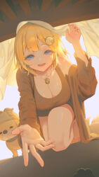 Rule 34 | 1girl, 1other, alternate costume, animal, blonde hair, blue eyes, breasts, coat, curtains, deme (karesuki), dog, extended arm, feet, giving hand, gold, hat, highres, hololive, hololive english, jewelry, kneeling, large breasts, looking at viewer, looking down, monocle, necklace, open mouth, shorts, smile, sunlight, virtual youtuber, watson amelia