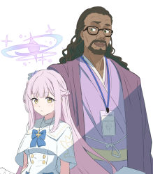 Rule 34 | 1boy, 1girl, beard, black hair, blue archive, commentary request, crossover, dark-skinned male, dark skin, facial hair, glasses, halo, highres, id card, japanese clothes, long hair, looking at viewer, lycoris recoil, mika (blue archive), mika (lycoris recoil), name connection, pink hair, school uniform, shikiama, simple background, white background, yellow eyes