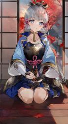 Rule 34 | 1girl, architecture, armor, autumn leaves, ayaka (genshin impact), black gloves, blue eyes, blue jacket, blue skirt, blunt tresses, bridal gauntlets, closed mouth, collarbone, cup, dou, east asian architecture, falling leaves, flower knot, genshin impact, gloves, hair ornament, hair ribbon, highres, holding, holding cup, indoors, jacket, japanese armor, japanese clothes, kusazuri, leaf, long hair, looking at viewer, mole, mole under eye, neck tassel, pleated skirt, ponytail, ribbon, seiza, sitting, skirt, smile, solo, soraneko hino, thighs, tree, tress ribbon, white hair, wide sleeves, wooden floor