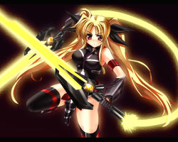 Rule 34 | 00s, angry, bardiche (nanoha), bardiche (riot zanber stinger) (nanoha), belt, blonde hair, blush, breasts, dual wielding, energy sword, energy weapon, fate testarossa, fate testarossa (true sonic form), gauntlets, gloves, hair ribbon, holding, iga tamaki, jpeg artifacts, large breasts, long hair, lyrical nanoha, mahou shoujo lyrical nanoha, mahou shoujo lyrical nanoha strikers, red eyes, ribbon, solo, sword, thighhighs, twintails, weapon