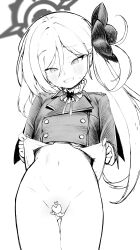 Rule 34 | 1girl, absurdres, blue archive, blush, bottomless, censored, clothes lift, cowboy shot, cropped jacket, greyscale, grin, hair between eyes, halo, heart, heart censor, highres, lifted by self, long hair, monochrome, mutsuki (blue archive), navel, side ponytail, simple background, skirt, skirt lift, smile, solo, teriibol, thigh gap, white background
