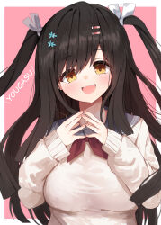 Rule 34 | 1girl, :d, absurdres, black hair, blunt ends, blush, border, breasts, commentary, eyelashes, eyes visible through hair, fingernails, floating hair, grey sailor collar, hair ornament, hair ribbon, hairclip, hands up, happy, highres, large breasts, long hair, looking at viewer, neckerchief, nodoameyatou, open mouth, own hands together, pink background, red neckerchief, ribbon, sailor collar, sanoba witch, school uniform, simple background, sleeves past wrists, smile, solo, steepled fingers, sweater, swept bangs, teeth, togakushi touko, two side up, upper body, upper teeth only, very long hair, white border, white ribbon, white sweater, yellow eyes