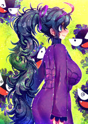 Rule 34 | 1girl, @ @, ahoge, alternate hairstyle, artist name, ass, black eyes, blush, breasts, closed eyes, closed mouth, creatures (company), dress, fangs, female focus, from side, game freak, gastly, gen 1 pokemon, ghost, hair ribbon, hairband, hakkasame, happy, hex maniac (pokemon), large breasts, long hair, long sleeves, messy hair, nintendo, nose blush, npc trainer, open mouth, pokemon, pokemon (creature), pokemon xy, ponytail, profile, purple dress, purple eyes, purple hair, purple hairband, purple ribbon, ribbon, signature, simple background, smile, solo focus, standing, turtleneck, twitter username, very long hair, yellow background