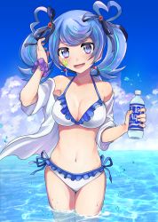 Rule 34 | 1girl, :d, armpits, bare shoulders, bikini, blue angel, blue eyes, blue hair, blue sky, blush, bottle, bow, breasts, cleavage, cloud, collarbone, commentary request, cowboy shot, day, earrings, facial tattoo, frilled bikini, frills, groin, hair bow, halterneck, hand up, heart, heart earrings, heart hair, highres, holding, holding bottle, jewelry, large breasts, looking at viewer, lower teeth only, midriff, multicolored hair, navel, ocean, off-shoulder shirt, off shoulder, open clothes, open mouth, open shirt, outdoors, pinyata (pinyaland), purple scrunchie, scrunchie, shirt, short sleeves, side-tie bikini bottom, sidelocks, sky, smile, solo, standing, swimsuit, tattoo, teeth, twintails, wading, water bottle, water drop, wet, white bikini, white shirt, wrist scrunchie, yu-gi-oh!, yu-gi-oh! vrains, yuu-gi-ou, yuu-gi-ou vrains