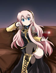 Rule 34 | 1girl, alcohol, bad id, bad pixiv id, blue eyes, blue nails, boots, cupping glass, glass, crossed legs, long hair, massala, megurine luka, nail polish, pink hair, sitting, solo, thighhighs, vocaloid, wine