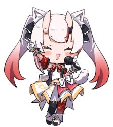 1girl :3 :d animal_ear_fluff animal_ears arm_up asymmetrical_legwear blush cat_ears cat_tail chibi closed_eyes commentary_request full_body gloves gradient_hair hololive horns idol kemonomimi_mode long_hair microphone midriff mismatched_legwear multicolored_hair music nakiri_ayame namaonpa navel nonstop_story official_alternate_costume open_mouth red_hair simple_background singing smile solo standing tail thighhighs twintails virtual_youtuber white_background white_gloves white_hair