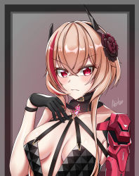 Rule 34 | 1girl, airbo, artist name, black dress, black gloves, blonde hair, blush, breasts, closed mouth, collarbone, dress, flower, girls&#039; frontline, gloves, hair flower, hair ornament, hand up, highres, long hair, looking at viewer, m4 sopmod ii (devourer of the feast) (girls&#039; frontline), m4 sopmod ii (girls&#039; frontline), mechanical arms, medium breasts, multicolored hair, red eyes, simple background, single mechanical arm, solo, upper body