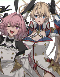 Rule 34 | 1boy, 1girl, ;d, ahoge, animal ears, arm up, armor, astolfo (fate), astolfo (saber) (fate), astolfo (saber) (third ascension) (fate), black bow, black bowtie, black gloves, black shirt, blonde hair, blue eyes, bow, bowtie, bradamante (fate), bradamante (second ascension) (fate), braid, breasts, buttons, cleavage, coat, collarbone, commentary request, cowboy shot, crossed bangs, crown braid, detached collar, detached sleeves, double-breasted, dress, elbow gloves, fake animal ears, fang, fate/grand order, fate (series), faulds, french braid, gloves, hair between eyes, hair bow, hair intakes, highleg, highleg leotard, highres, large breasts, leotard, long hair, long sleeves, looking at viewer, low twintails, multicolored hair, none (kameko227), one eye closed, open mouth, pink hair, purple eyes, rabbit ears, rabbit pose, shirt, short sleeves, sidelocks, simple background, skin fang, smile, standing, streaked hair, sweat, trap, twintails, two-tone gloves, two-tone leotard, v, very long hair, white background, white coat, white dress, white gloves, white hair, white leotard, white sleeves