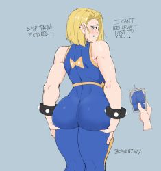 Rule 34 | 1girl, android 18, angry, artist name, ass, ass support, bare shoulders, blonde hair, blue background, blue eyes, blush, chun-li (cosplay), cosplay, crossover, dragon ball, dragonball z, english text, from behind, highres, huge ass, phone, raven7377, short hair, sleeveless, solo, street fighter, thick thighs, thighs