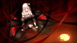 Rule 34 | 1girl, absurdres, azur lane, bare shoulders, black dress, black gloves, black thighhighs, blood, blood in hair, blood on clothes, blood on face, bloody clothes, bloody dress, breasts, cleavage, closed mouth, collarbone, dress, drill hair, drill sidelocks, garter straps, gloves, highres, large breasts, long hair, looking at viewer, luetzow (azur lane), luetzow (everlasting blood banquet) (azur lane), myria (7855), official alternate costume, on floor, red eyes, sidelocks, sleeveless, smile, solo, thighhighs, white hair