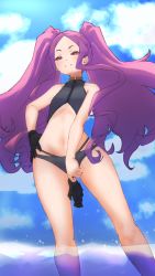 Rule 34 | 1girl, bare shoulders, bikini, black gloves, blue sky, blush, breasts, fate/grand order, fate (series), forehead, gloves, grey bikini, highres, long hair, looking at viewer, navel, niwaikanai, parted bangs, purple eyes, purple hair, sidelocks, sky, small breasts, smile, solo, swimsuit, thighs, twintails, unworn gloves, very long hair, wading, water, wu zetian (fate)